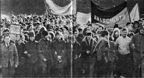Belfast Anarchist banner at a Peoples Democracy march (1969?)